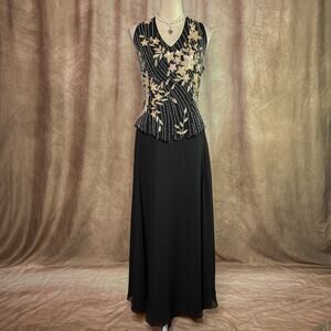 Vintage Beaded Dress Peplum Chiffon Maxi Floral Sequin Black 90s Formal Prom Y2K